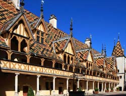 The former hospital Hôtel-Dieu with its colourful tiled roof